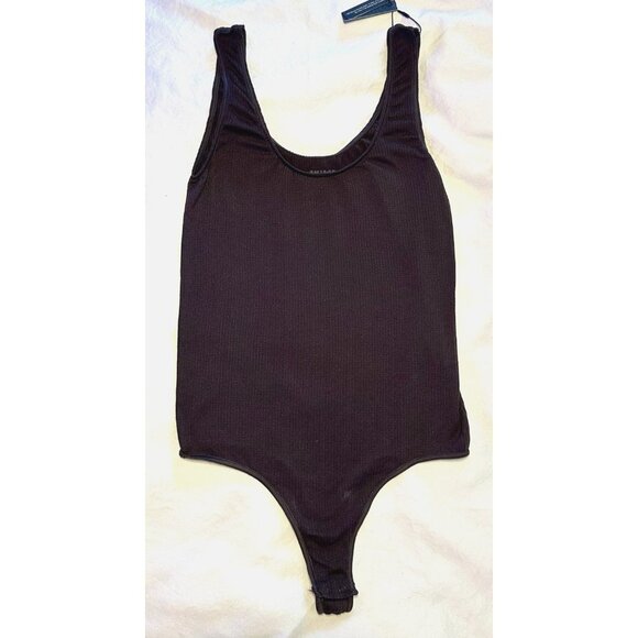 NEW SKIMS Stretch Ribbed Thong Bodysuit in Soot Brown Scoop Neck Tank Top NWT - Picture 1 of 5